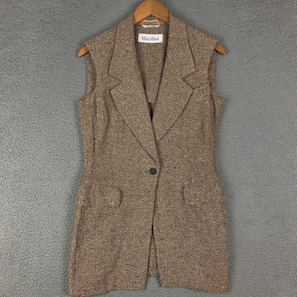 Max Mara Jackets & Blazers - MaxMara Long Tweed Vest Women's 6 Tan Sleeveless Single Button Linen Blend Italy